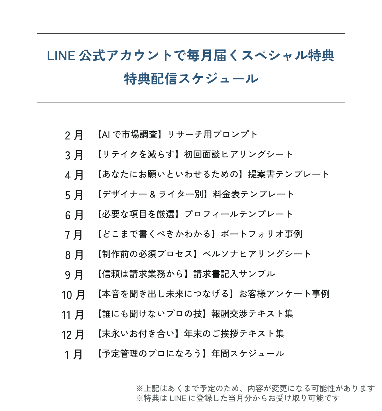 LINE公式アカウントで毎月届くスペシャル特典特典配信スケジュール